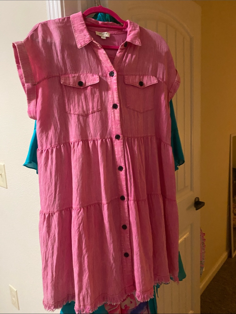 Umgee Pink Tiered Button-Front Shirt Dress